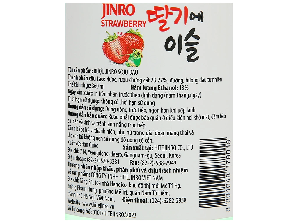 Nhãn phụ tiếng Việt mặt sau chai soju nhập khẩu ghi tên đơn vị nhập khẩu, nồng độ 13%, dung tích 360ml